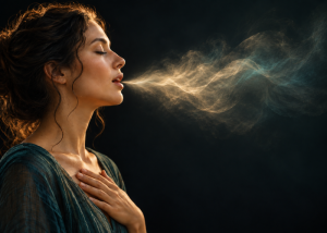 Woman gently exhaling with flowing wisps illustrating breath during a vocal toning practice.