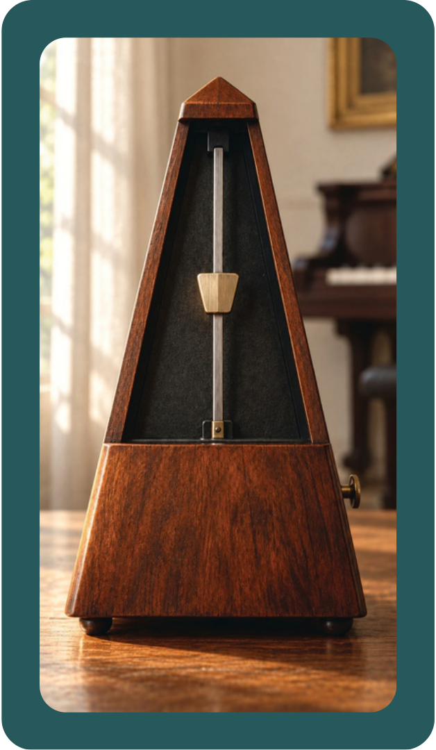 Pause card: a wooden metronome beside a piano