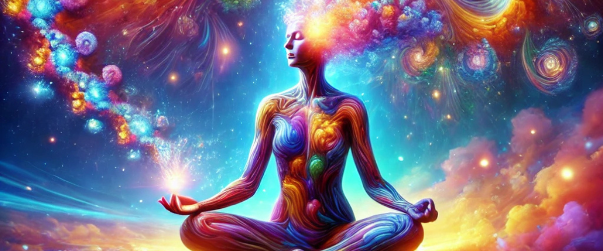 Serenity and Transformation Psychedelic image of a woman in a serene environment, symbolizing the transformative effects of Roxiva Light Therapy at Shakti Creative Wellness Center.